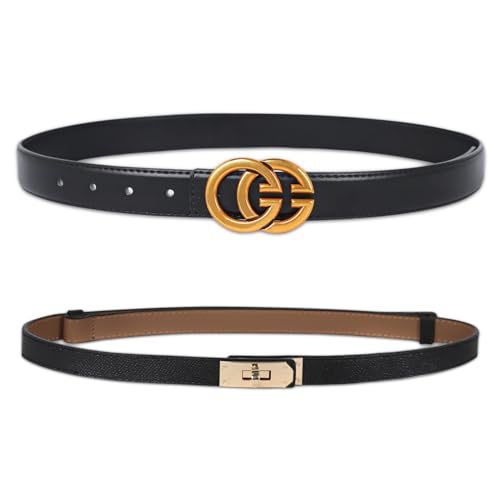 Image of Women's Fashion Classic Metal Buckle Leather Belt with Jeans Dress