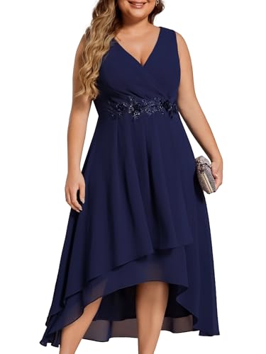Image of Ever-Pretty Plus Women's V Neck Applique Chiffon Pleated Sleeveless Midi Plus Size Cocktail Party Dresses