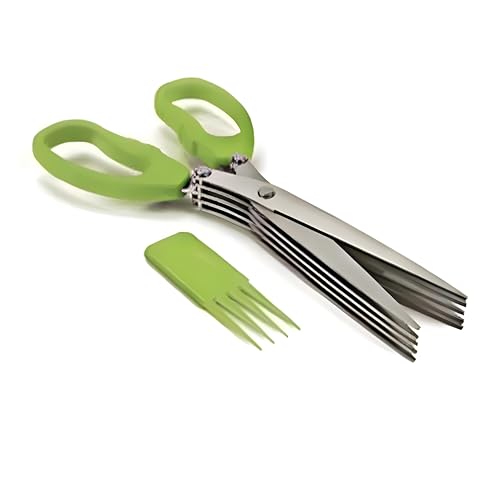 VINTAGE FRAGMENTS Multi-Blade Kitchen Herb Scissors, 5 Stainless Steel Blades, Green Handle, 22 cm Length