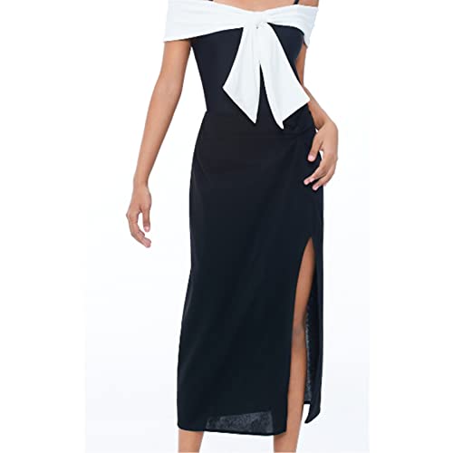 2pcs Women Bowknot Bandage Monokini Off Shoulder Swimwear Two Piece Tankini Set Split Cover Up Skirt Bathing Suit (Black, L)2