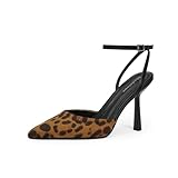 Modatope Leopard Closed Toe Heels for Women Pumps Slingback Leopard Print Heels Ankle Strap Pointed Toe Kitten Stiletto Heel Dress Shoes Size 7