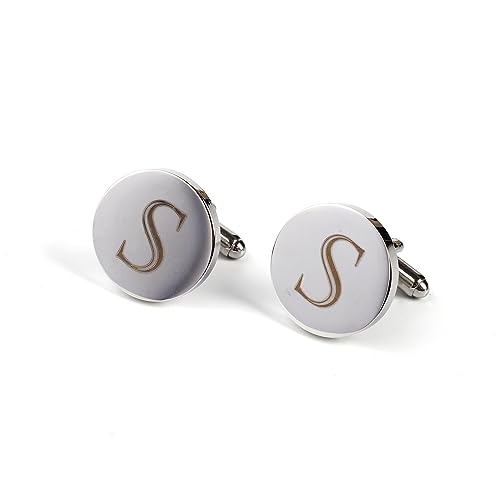 Image of Mens Initial Silver Cufflinks A-Z Alphabet Letter Steel Cuff Links with Engraved Walnut Wood Box Groom Groomsman Wedding Set
