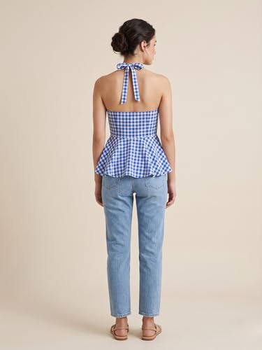 Image of Women's Gingham Halter Neck Peplum Top, Sleeveless, Casual Summer Blouse