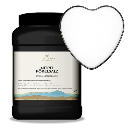 Royal Spice Lata de sal salada de nitrito de 1,5 kg – Sal fina para carne y embutidos – Sal NPS 0,4% – 0,5% nitrito de sodio – Sal de carnicero para refinamiento de carne en práctico bote de