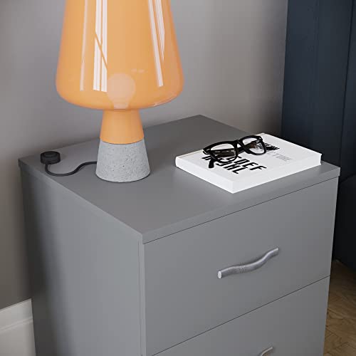 Vida Designs Large Grey Bedside Cabinet, 2 Drawer With Metal Handles & Runners, Unique Anti-Bowing Drawer Support, Riano Bedroom Furniture