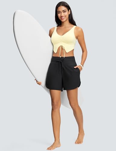 ISEEGZ Women's 5" High Waisted Tummy Control Swim Board Shorts Quick Dry Swimming Shorts for Women with Liner Pockets Black - Image 4