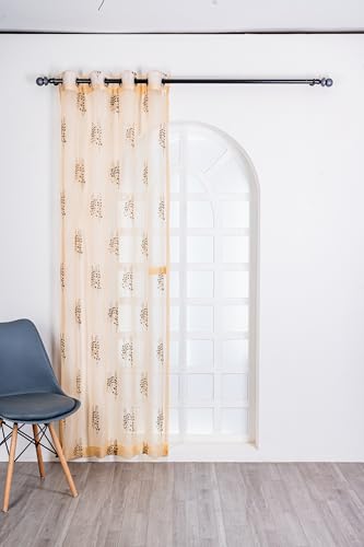 Image of (7 ft Tissue Embroidered Curtain | Leaf Design Eyelet Window Curtain | Vintage Classical Floral Print | for Home | Beige & Grey (Pack of 2) | 213 L x 121 W Centimeters