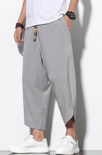 chouyatou Men's Summer Elastic Waist Loose Lightweight Baggy Ethnic Linen Beach Cropped Harem Pants3