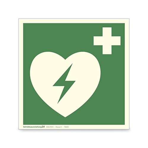 Betriebsausstattung24 Erste-Hilfe-Schild Automatisierter Externer Defibrillator (AED) - selbstklebende Folie, langnachleuchtend 15 x 15 cm - ASR A1.3 ISO 7010 E010 - DIN 67510 Klasse C
