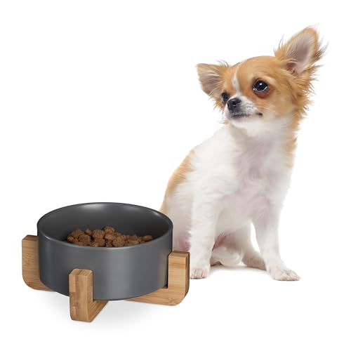 Relaxdays Hundenapf Keramik, 850 ml, für Futter & Wasser, Futternapf mit Bambus-Gestell, HxBxT: 9 x 20 x 20 cm, grau