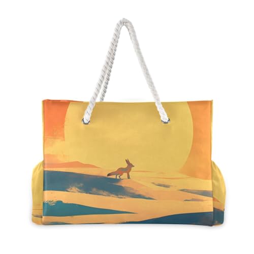 Sunset and Fox Beach Tote Bag - Waterproof Travel Bag with PVC Compartment, Oversized Pool Tote for Vacation Essentials, Vintage Nylon Beach Accessory for Multipurpose Storage2