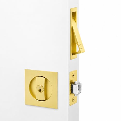 Dontay Pocket Door Hardware and Edge Pull con cerradura cuadrada, acabado en latón satinado, para puertas de dormitorio de 1-3/8 a 2-1/4 pulg, tirador grande, aleación de zinc, montaje empotrado miniatura 1
