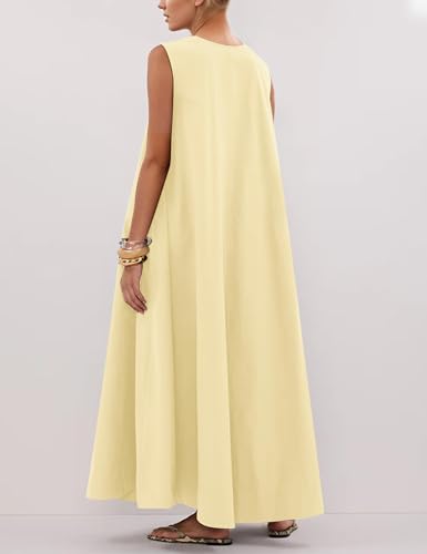 Image of Women Sleeveless Ruched Maxi Dress Scoop Neck Long Elegant Dresses Wide Shoulder Strap Blouse Dress with Side Pockets