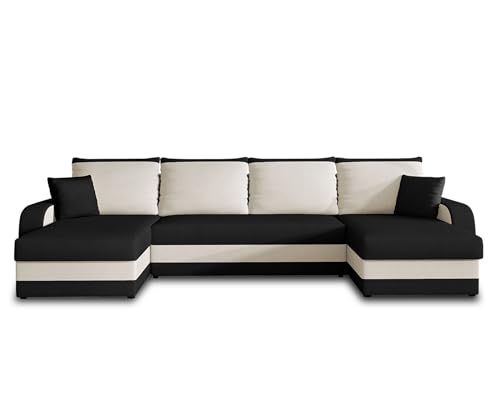 Bestmobilier - Canapé Panoramique en U Convertible avec Coffre Valos en Velours - Canapé Lit - Grand Sofa XXL Noir/Blanc 7 Places - Salon