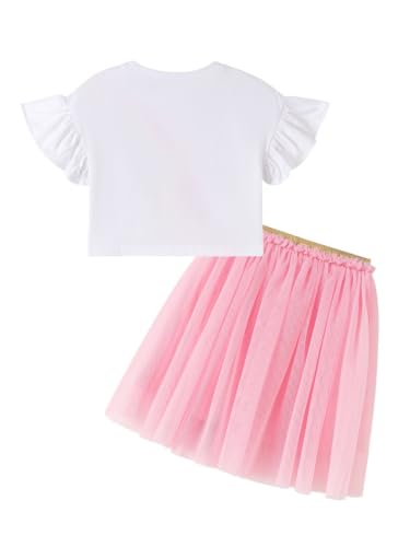 Image of HILEELANG Girls Skirt Set 2 Piece Outfit Cotton Tee Tulle Skirt Set | Soft Cotton Tee, Applique Detail, Layered Tulle Skirt with Lining, Lightweight Comfort for Toddler Little Girls