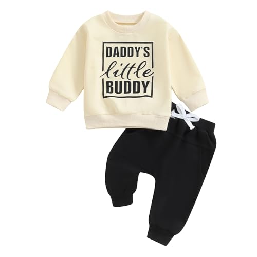 Image of ZAXARRA Toddler Newborn Baby Boy Fall Outfits Letter Print Crew Neck Sweatshirt Tops SolidContrast Color Pants Casual Sets