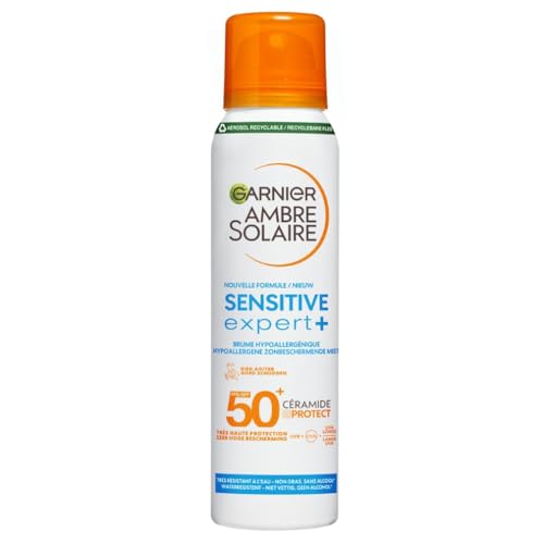 GARNIER Ambre Solaire Sensitive Expert+ - Brume Sèche - Protection Solaire FPS 50+ - Protège des UVA, UVB & UVA Longs - Résiste à L'eau - Céramides - Peaux Sensibles & Intolérantes au Soleil - 150 ml