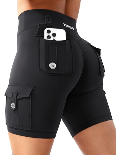 YEOREO CoreFlex Women Workout Biker Shorts with Cargo Pockets Hidden Scrunch High Waisted 8