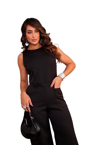 Macacão Longo Alfaiataria Com Zíper E Botão Social Pantalona (Preto, M)