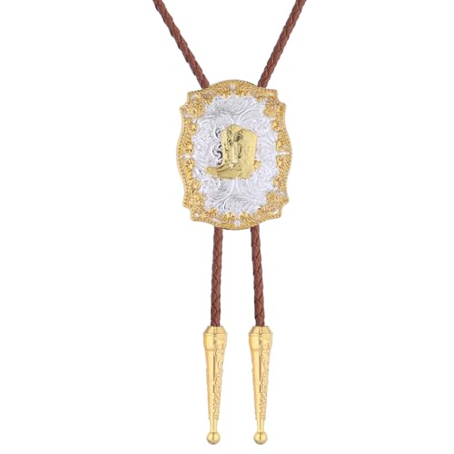 Image of GelConnie Brown Bolo Tie for Men Women Western Ties Mens Gold Bolo Tie Rodeo Cowboy Leather Necktie Cowgirl Tie Wedding