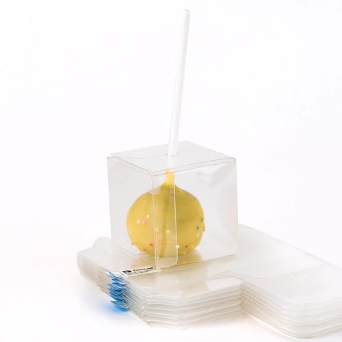 Decvel 2x2x2 inches Cake Pop Boxes with Hole (100 Pack) - Plastic Clear Boxes for Treats Mini Gift Small Candy - Macaron Box - Wedding Party Favor Box