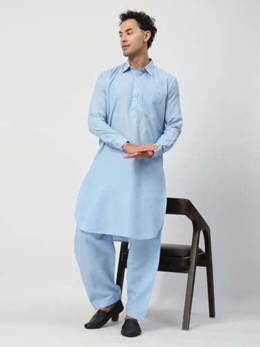 Image of Men's Traditional Pathani Kurta Salwar Set, Red, Long Sleeve, Collared Neck, Cotton Blend, Ethnic Wear