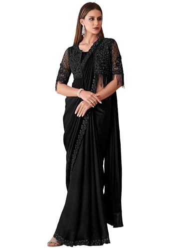 Image of AKHILAM Women's Heavy Georgette Sequence Work & Unstitched Jacket Saree With Unstitched Blouse Piece