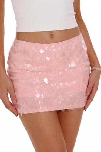 GUANYY Sequin Mini Skorts for Women Sexy Low-Waisted Pencil Bodycon Skirts with Shorts Underneath Crystal Pink Medium