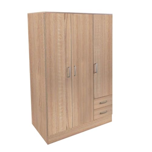 Terza immagine Bissolo Casa Armadio Multiuso Rovere 120x50x170 cm con 3 Ante e 2 Cassetti, Mobile con Tubi Appendiabiti in Laminato, Armadio per Camera da Letto, Ripostiglio e Garage