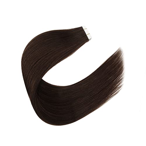 Image of Sixstarhair Dark Brown Remy Tape In Hair Extensions Premium 100 Human Hair With Invisible Tape Attached Semi Permanent Hair Extensions 50g [Color 2 Dark Brown 20inch]