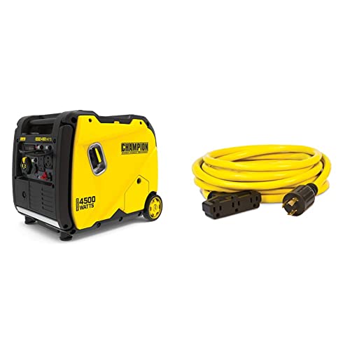 Champion Power Equipment 200986 4500-Watt Portable Inverter Generator, RV Ready & 48034 25 ft. 30A 125V Generator Power 3750 Watts (L5-30P to Three 5-15R) Extension Cord, yellow