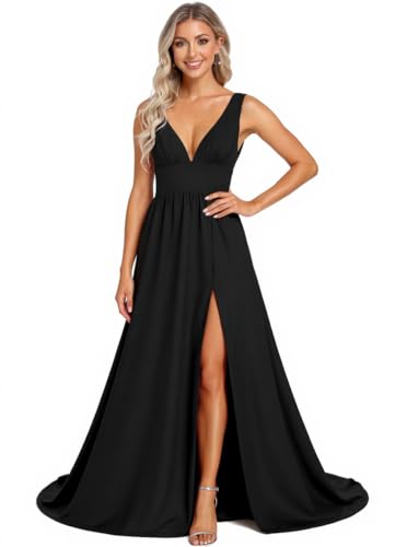BABYONLINE D.R.E.S.S. Women's Formal Dresses Deep V-Neck Side Slit Sleeveless Floor Length Wedding Guest Dress 3007