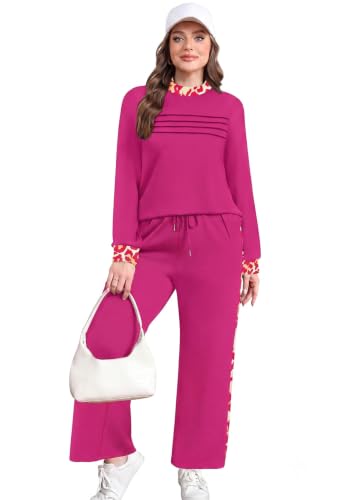 Image of WIHOLL Two Piece Sets for Women Fall Travel Vacation Outfits 2026 Long Sleeve Lounge Sets Side Slit Wide Leg Pants XS-3XL