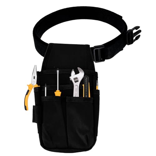 Tissting Werkzeuggürtel mit 1,2m Gürtel, 13 x 25 cm 6 Taschen 600D Oxford Stoff Arbeits Gürteltasche Klein Werkzeugtasche Belt Tool Bag für Schreiner, Elektriker, Techniker, Schwarz Rand