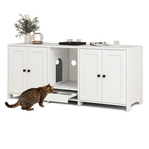 Double Litter Box Enclosure with Feed Station