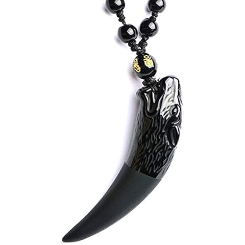 Obsidian Pendant Necklace for Women Man, Wolf Tooth Obsidian Crystal Pattern with Extend Beads Chains,Protection Amulet Charm Cover