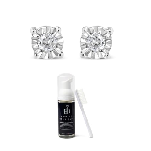 Sterling Silver 1/10 Cttw Diamond Stud Earrings with All Purpose Fine Jewelry Cleaner and Brush