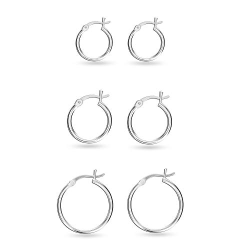 Charmsy Set of 3 Pairs 925 Sterling Silver Hoop Earrings for Women | Lightweight Italian 2.5mm Tube Diamond-Cut Classic Texured Click-Top Hoops Earring | Size 12/13/15/18/20/25mm
