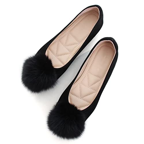 Hee grand Women Pom Pom Causal Flats -Solid Slip on Shallow Comfortable Ballet Shoes3