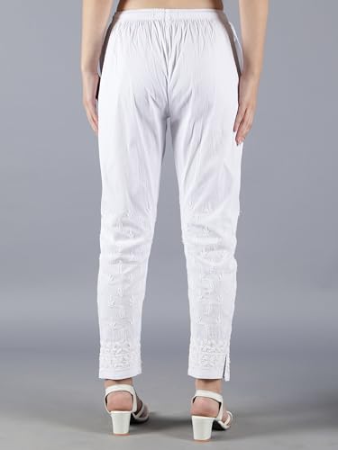 Image of Seva Chikan Hand Embroidered Lucknowi Chikankari White Cotton Palazzo Pant for Women SCL11016