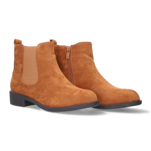 77799 Botin Plano Comodo para Mujer, Material Ajustable y Aterciopelado, Cierre de Cremallera. Camel Talla 39