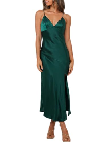 Women Summer Satin V Neck Formal Wedding Guest Backless Slit Midi Dress