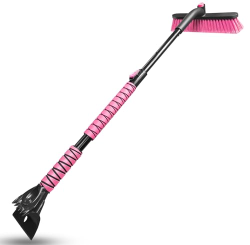 HEEYA 44 Inch Snow Brush for SUV, Ice Scraper for Car Windshield Window, Extendable Snow Scraper and Brush with Comfortable Foam Grip for Truck Vehicle Automobile - Pink