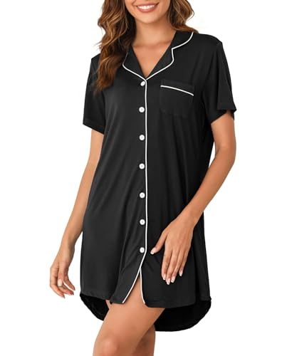 Nightgowns for Women Button Down Sleep Shirts Short Sleeve Nightshirt Boyfriend Nightdress V Neck Pajama Dress S-XXL3