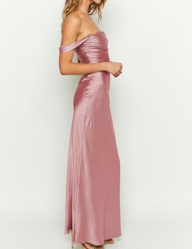 Image of Realtix Satin Off The Shoulder Strapless Bridesmaid Maxi Dress for Women | Elegant,Ruched,Backless,Long,Tube,Sleeveless,Bridesmaid,Wedding Guest,Evening,Cocktail Party,Semi Formal,Garden Party