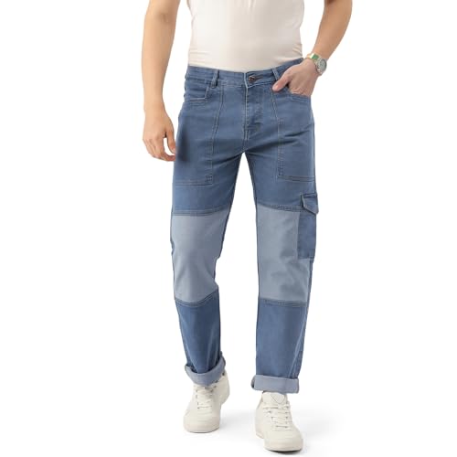 Image of PARIS HAMILTON Men Relaxed Fit Colorblocked Distressed Two Tone Stretchable Denim Jeans