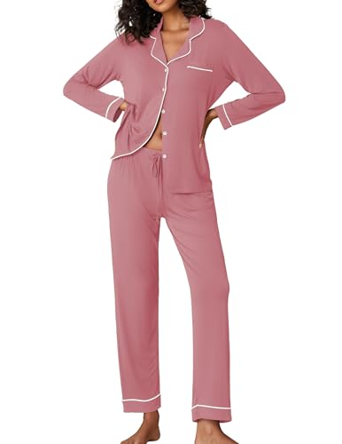 Image of Ekouaer Pajamas Women's Long Sleeve Sleepwear Soft Button Down Loungewear Pjs Lounge Set Nightwear XS-XXL