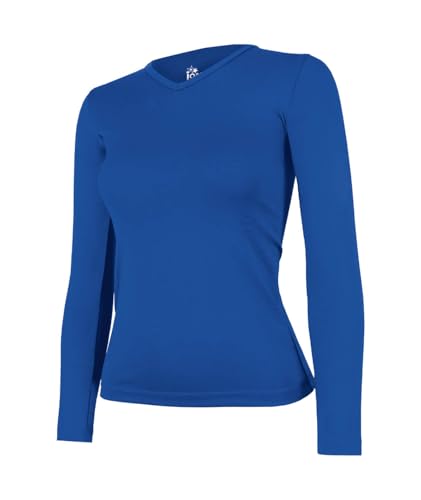 ION Cheer Fitted V-Neck Long Sleeve Practice Top | Soft and Stretchy Practice Cheerleading Shirt (Royal, YXS)