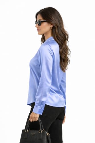 Image of Cuban Collar Cuffed Sleeves Formal Satin Shirt Style Top