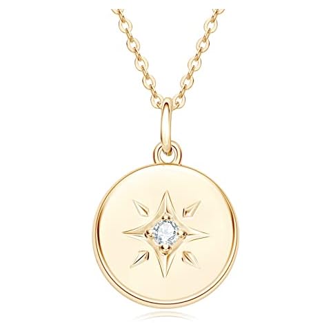 North Star Necklace Sterling Silver, Moissanite Lab Created Diamond Starburst Compass Coin Disc Medallion Hypoallergenic Pendant for Women, Yellow Gold Plated, Graduation Jewelry Gifts, Moissanite Cover